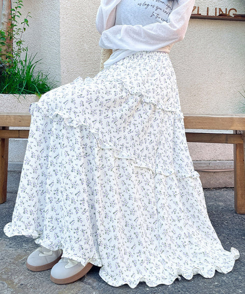 フリルティアード 小花柄 ロングスカート レディース ティアードスカート きれいめ 体型カバースカート着やせ 大人可愛い新作ハイウエストスカート 裏地付きスカート 98JLIY-001